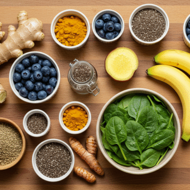 Anti inflammatory smoothie ingredients on kitchen counter