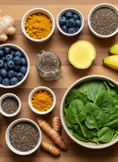 Anti inflammatory smoothie ingredients on kitchen counter