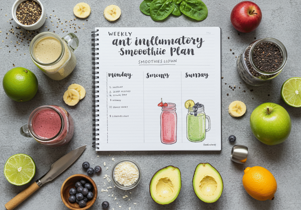 Anti Inflammatory Smoothie Recipes for Pain Relief & Gut Health 6 Weekly anti inflammatory smoothie meal plan visual
