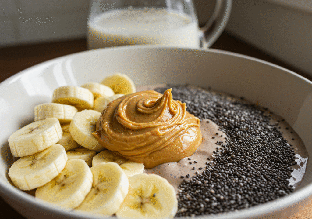 Banana Peanut Butter Smoothie Bowl: The Creamy Energy Bowl You’ll Crave Daily 2 Ingredients for banana peanut butter smoothie bowl on table