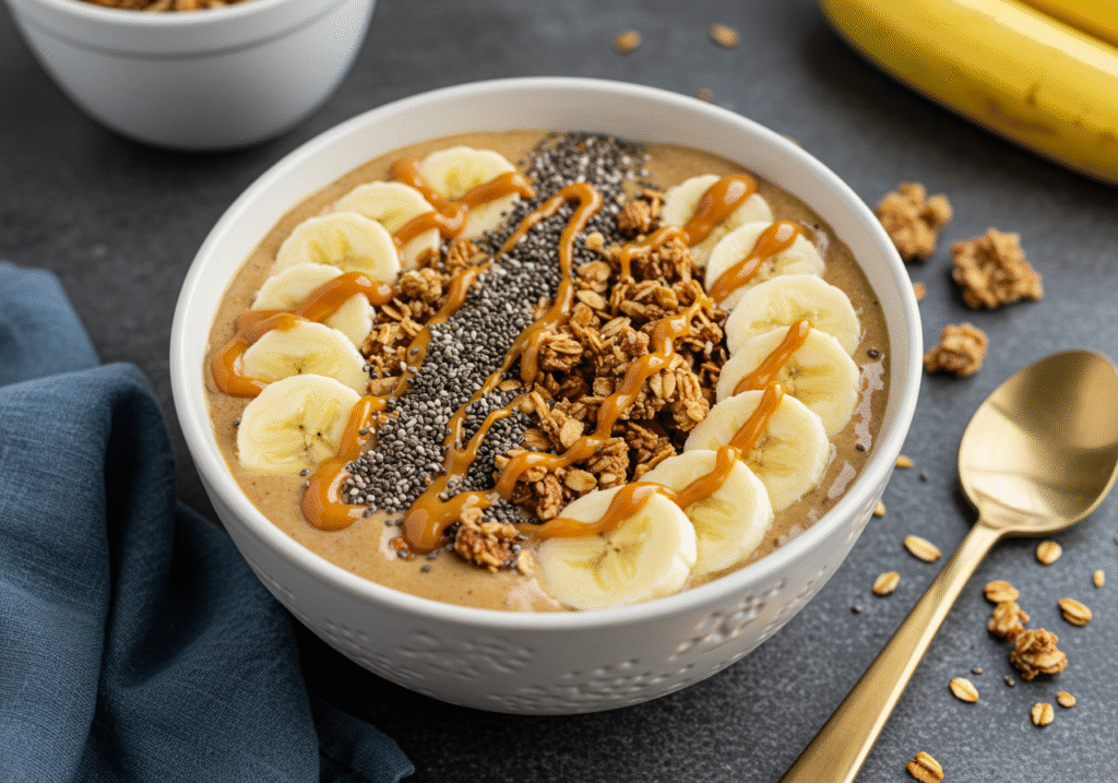 Banana Peanut Butter Smoothie Bowl: The Creamy Energy Bowl You’ll Crave Daily 4 Toppings on a banana peanut butter smoothie bowl