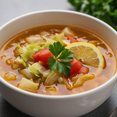 Steaming bowl of cabbage and tomato detox soup
