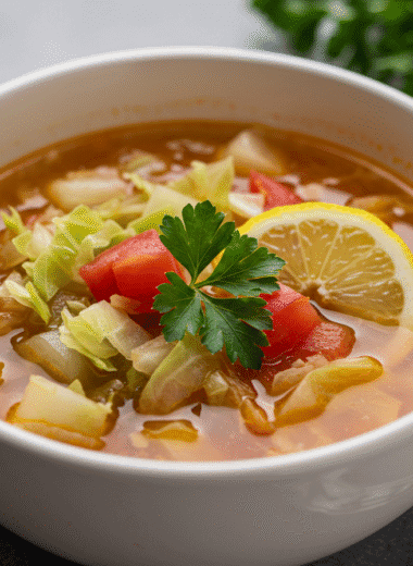 Steaming bowl of cabbage and tomato detox soup
