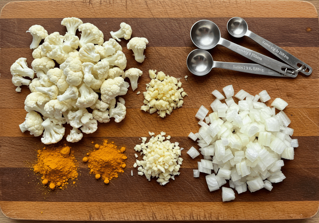 Cauliflower Turmeric Weight Loss Soup: The Golden Detox for Fat Burning 2 turmeric and cauliflower soup ingredients flatlay