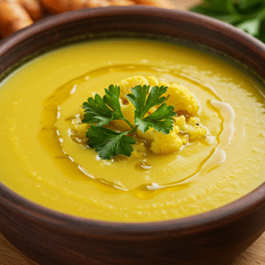 cauliflower turmeric weight loss soup in rustic bowl