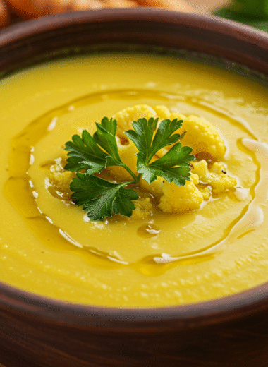 cauliflower turmeric weight loss soup in rustic bowl