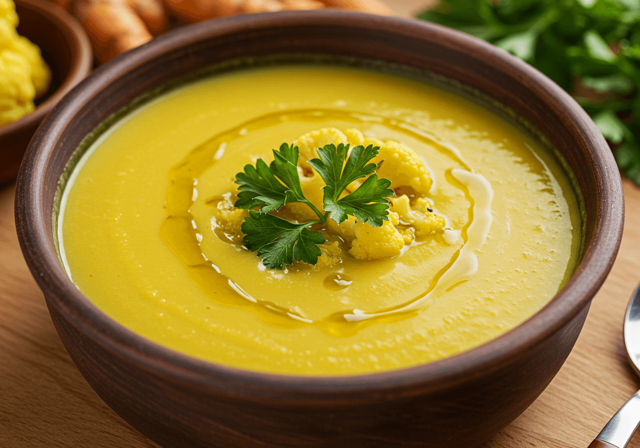 Cauliflower Turmeric Weight Loss Soup: The Golden Detox for Fat Burning 1 cauliflower turmeric weight loss soup in rustic bowl