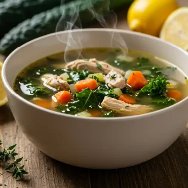 Chicken kale Mounjaro soup in rustic ceramic bowl