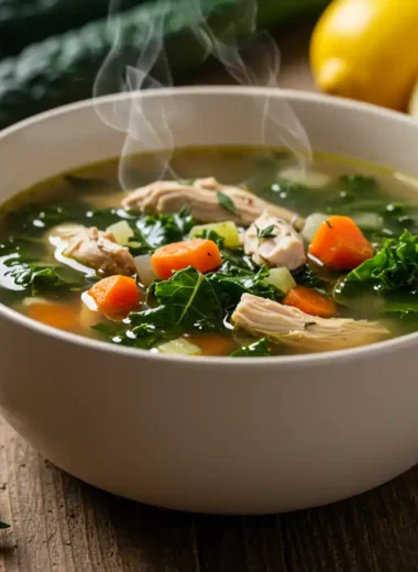 Chicken kale Mounjaro soup in rustic ceramic bowl