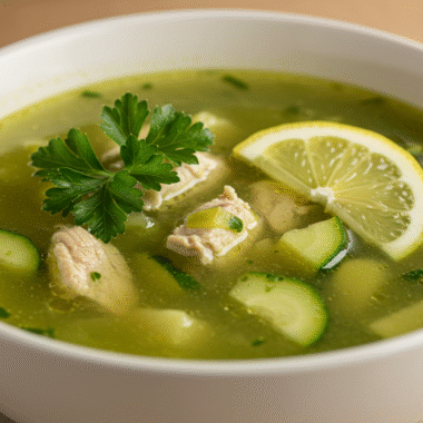 Bowl of chicken zucchini broth soup