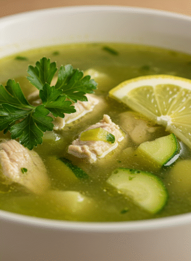 Bowl of chicken zucchini broth soup