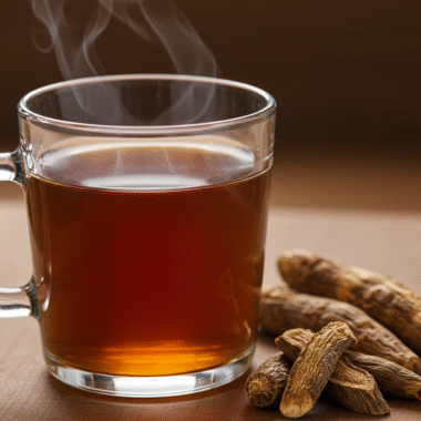 Dandelion root detox tea in a rustic glass mug