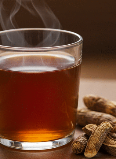 Dandelion root detox tea in a rustic glass mug