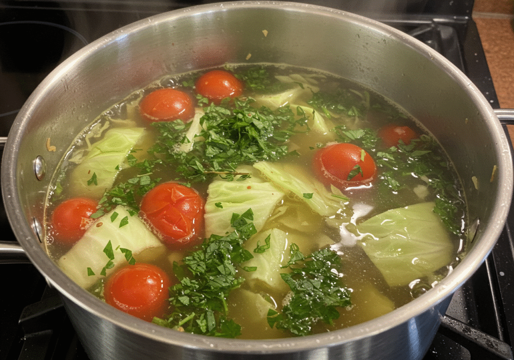 Cabbage and Tomato Detox Soup: A Cleansing Bowl to Burn Fat and Boost Energy 3 Pot of cabbage and tomato detox soup simmering