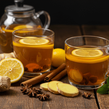 Detox teas with lemon, ginger, and mint on rustic table