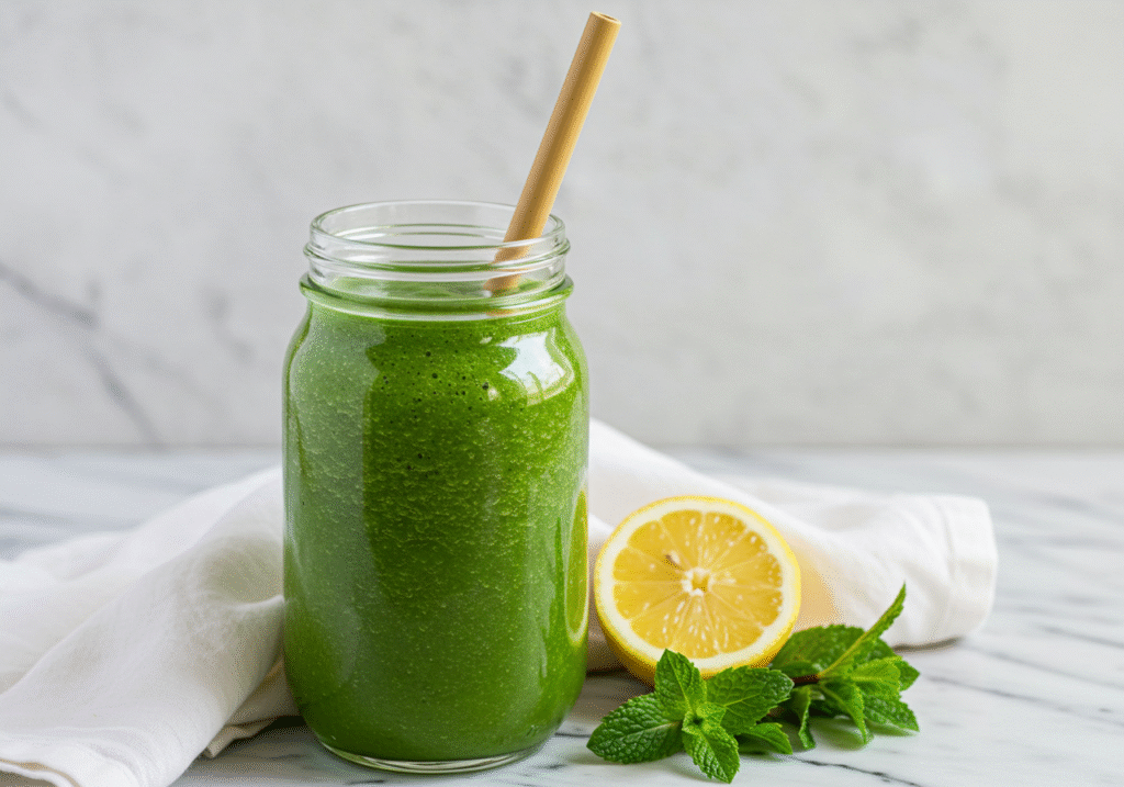 Kale Ginger Detox Smoothie – The Ultimate Cleanse in a Cup 3 Finished kale ginger detox smoothie in a glass jar