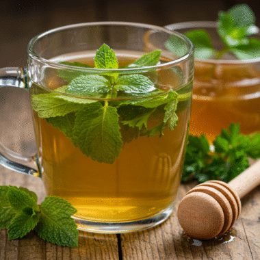 Mint parsley detox tea with honey in a clear glass cup