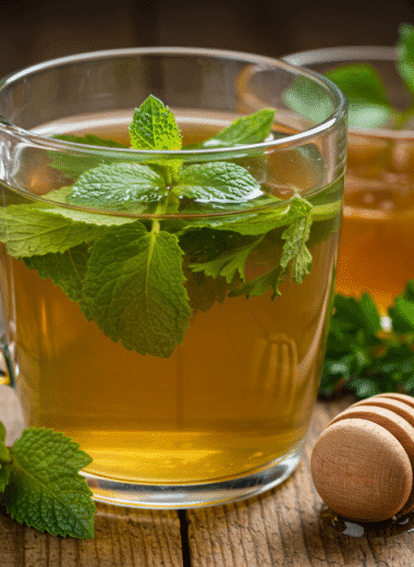 Mint parsley detox tea with honey in a clear glass cup