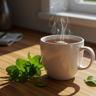 Fresh peppermint tea in white mug on kitchen counter