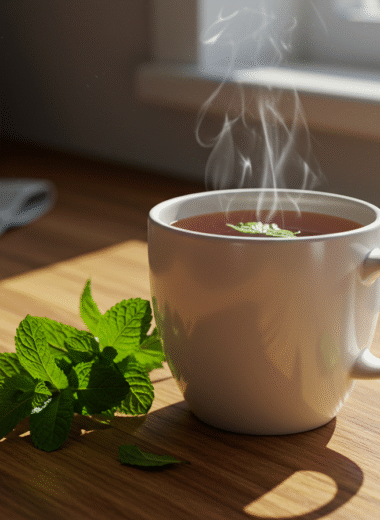 Fresh peppermint tea in white mug on kitchen counter