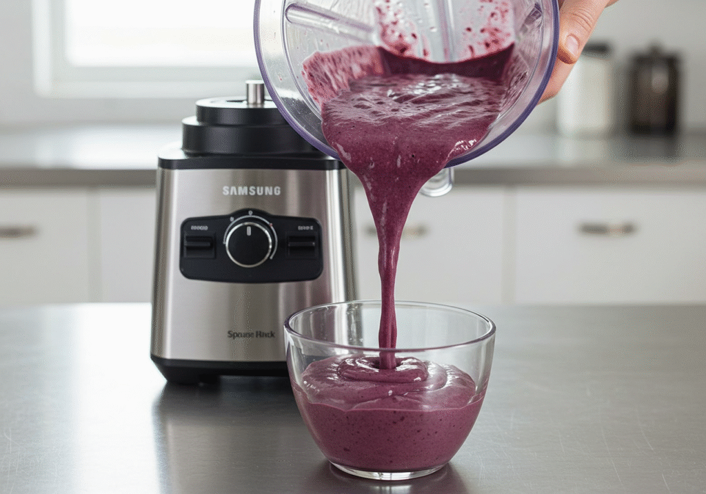 Tropical Berry Acai Bowl: The Island-Inspired Breakfast That Fuels You Naturally 3 Thick tropical acai smoothie base being poured