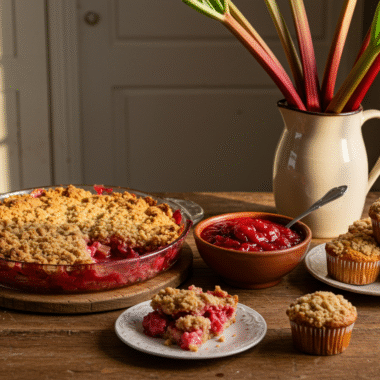 Rhubarb recipes on rustic table