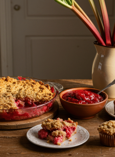 Rhubarb recipes on rustic table