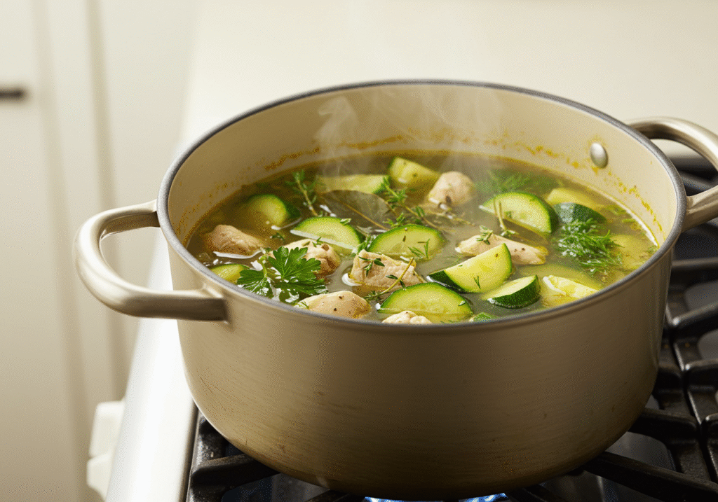 Chicken Zucchini Broth Soup: Clean, Light, and Full of Comfort 3 Chicken zucchini broth soup cooking in pot