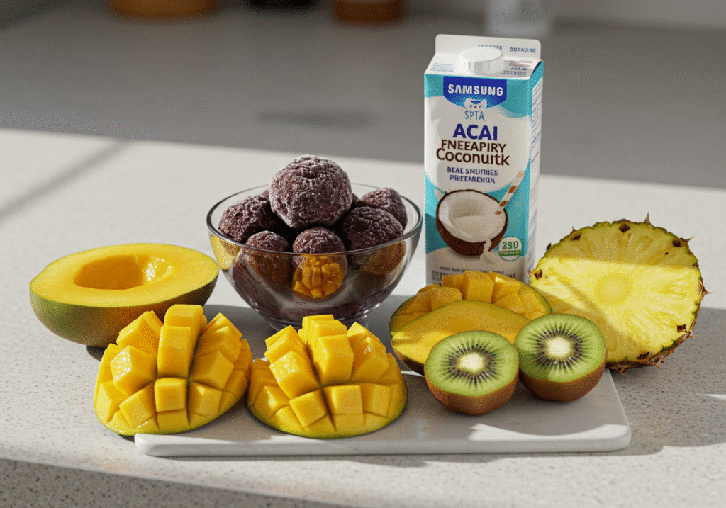 Tropical Berry Acai Bowl: The Island-Inspired Breakfast That Fuels You Naturally 2 Tropical fruits and acai laid out for smoothie bowl