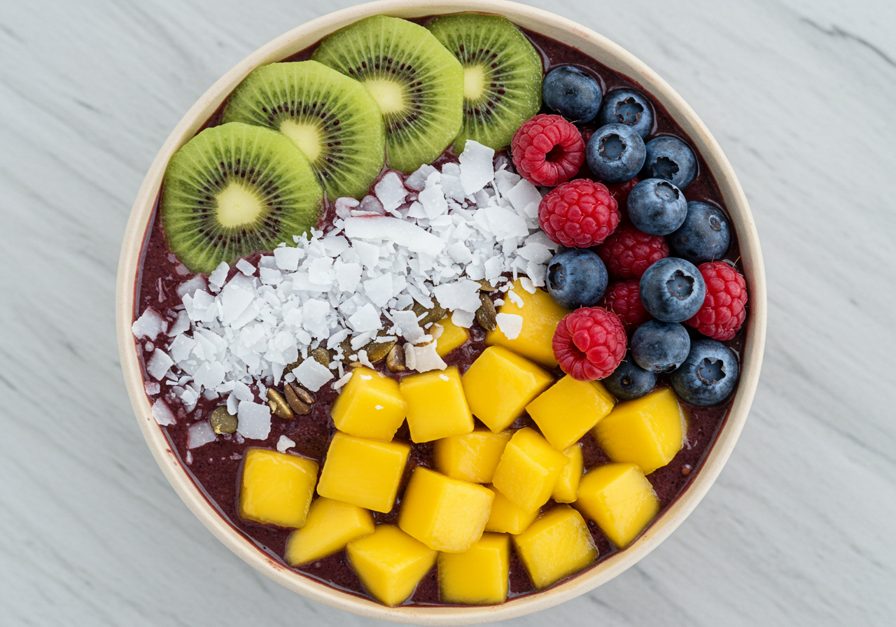 Tropical Berry Acai Bowl: The Island-Inspired Breakfast That Fuels You Naturally 1 Tropical berry acai bowl topped with kiwi, mango, and coconut